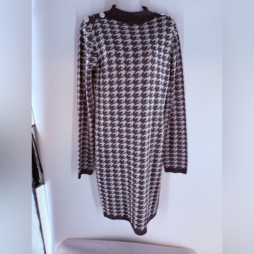 Emma & Posh Houndstooth Sweater Dress Button Shoulder Long Sleeve Gray Size L